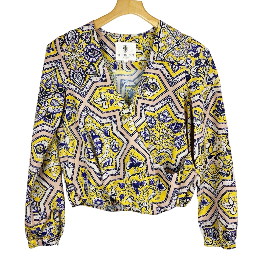 The Jetset Diaries Wrap Floral Blouse Yellow Blue Floral Roosters Size XS
